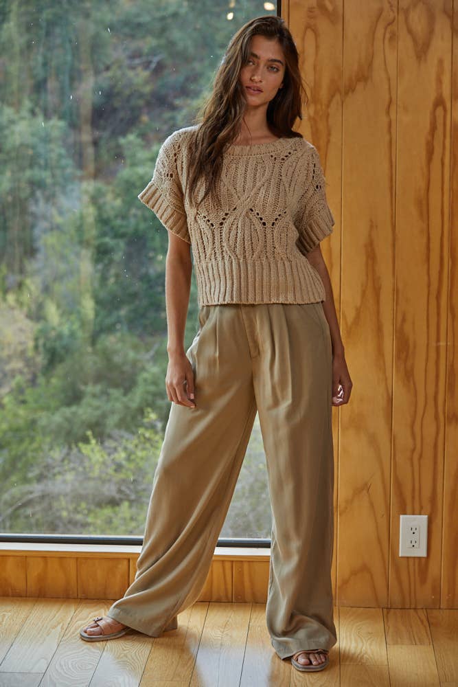 W1124 | Knit Sweater Crochet Round Neck Short Sleeve Top: Taupe / Medium