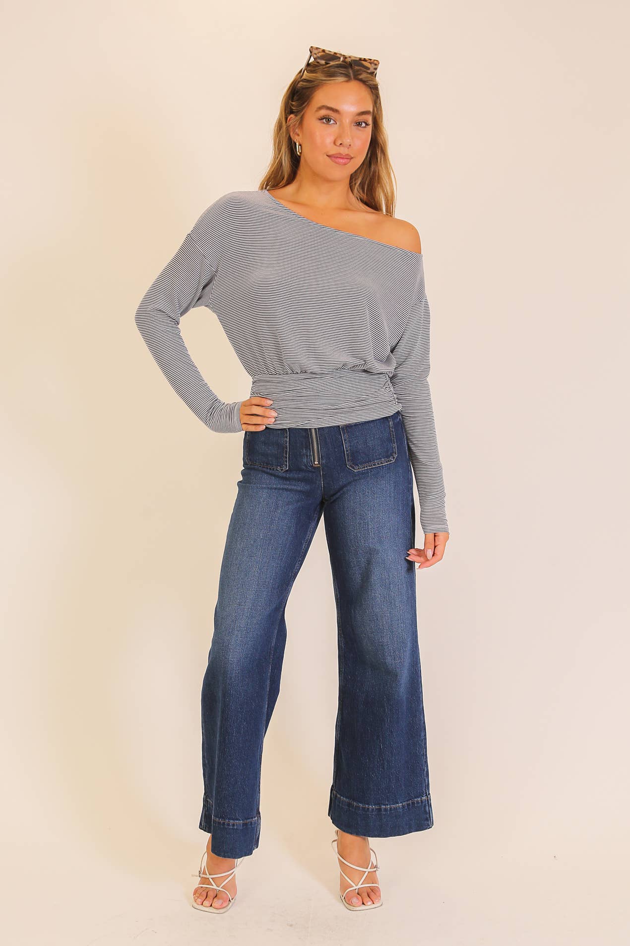 Striped One-Shoulder Ruched Waist Top