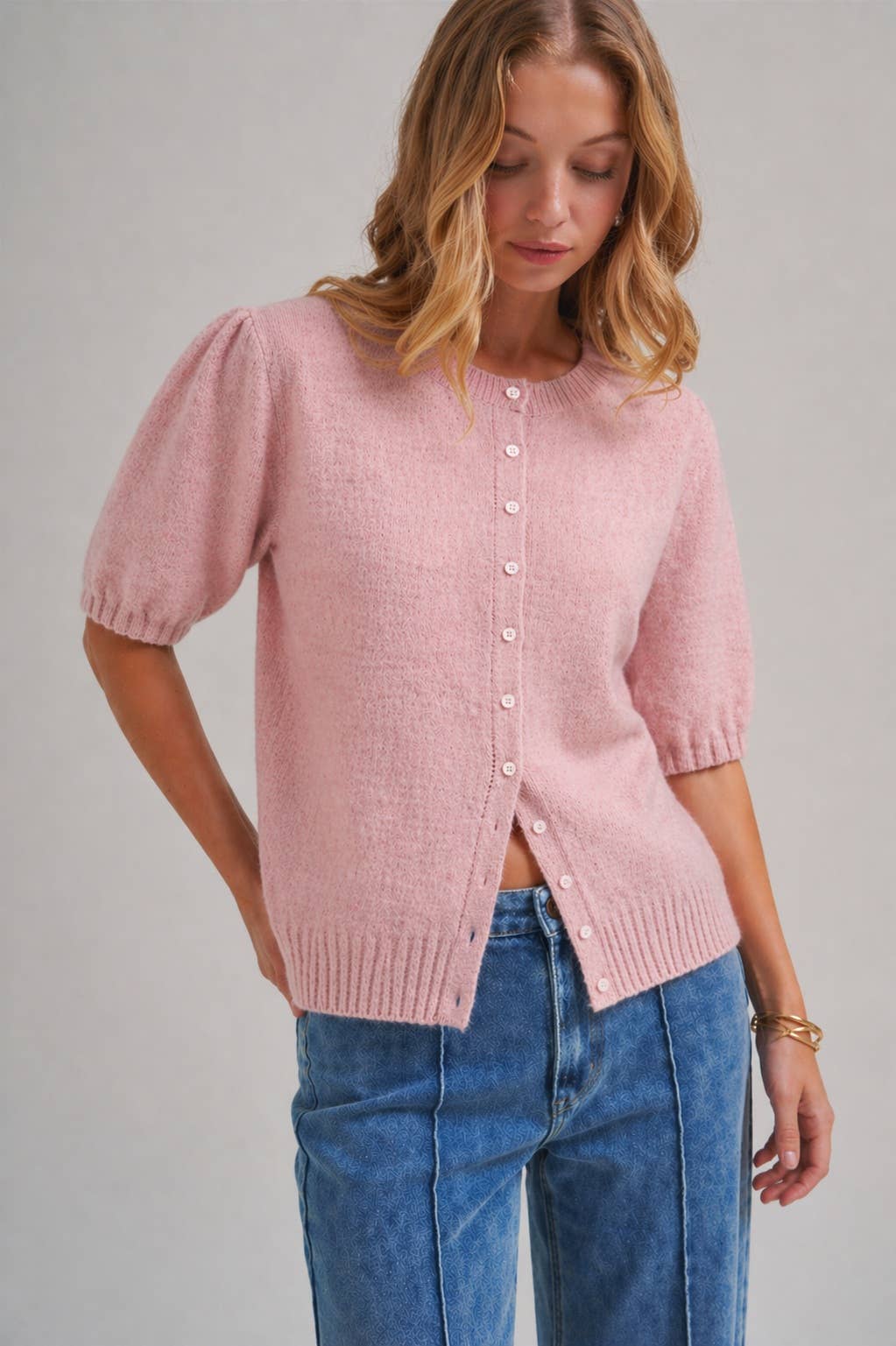 SHORT SLEEVE RELAXED FIT CARDIGAN _JLT00295-01: OATMEAL / S-M-L(2-2-2)