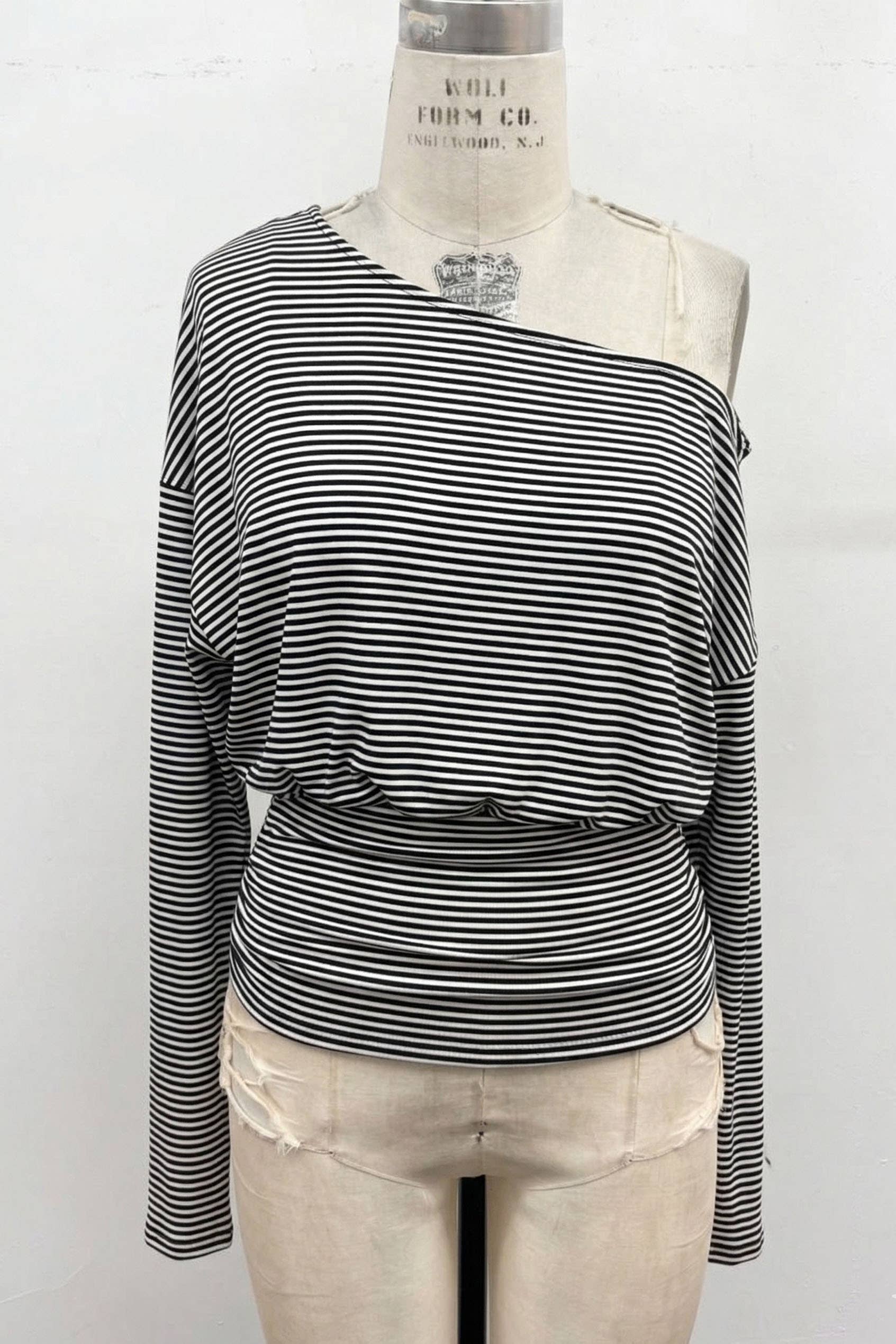 Striped One-Shoulder Ruched Waist Top