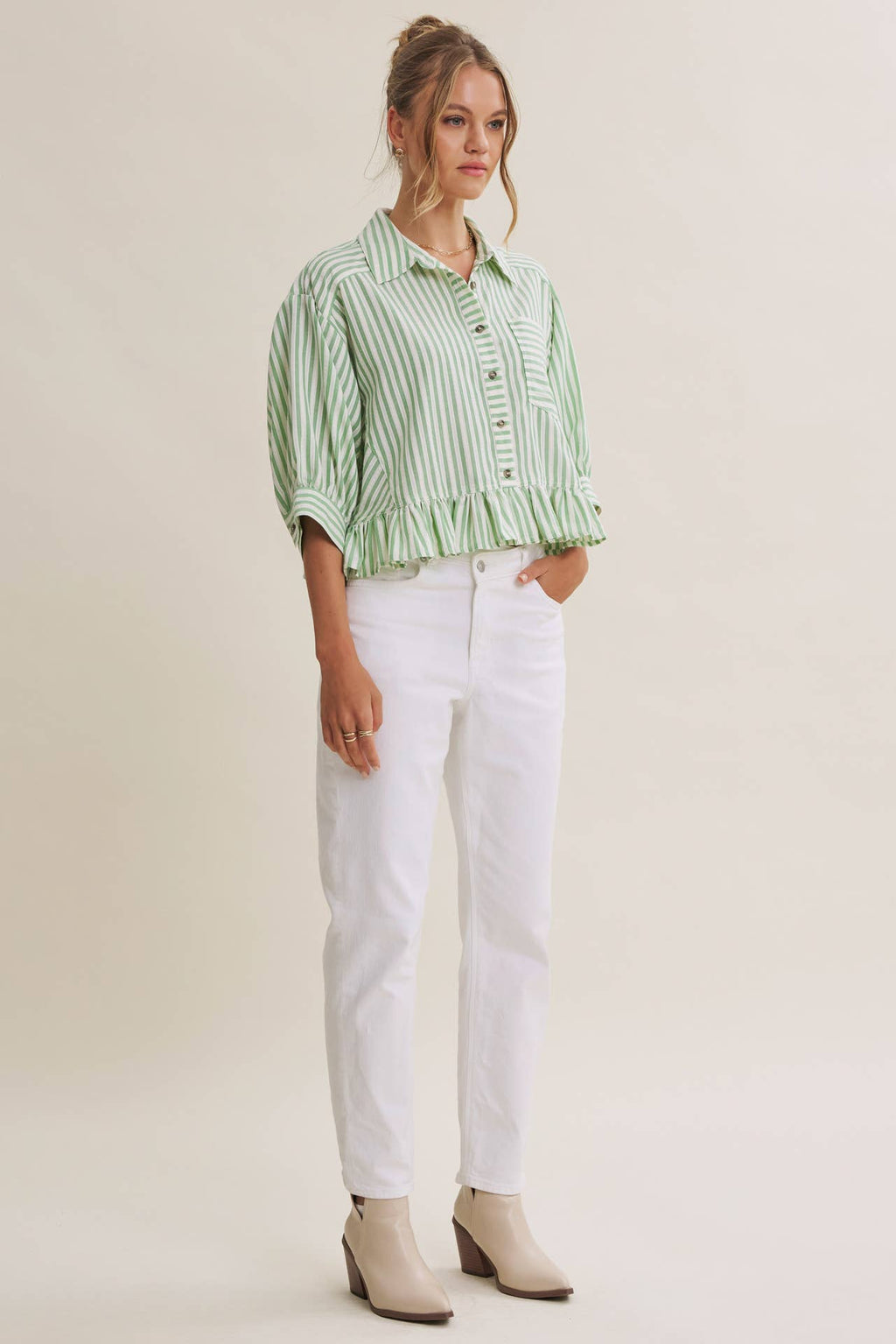 YEAR-ROUND CLASSIC COTTON STRIPE BUTTON-DOWN PEPLUM SHIRT: CLOVER GREEN / L