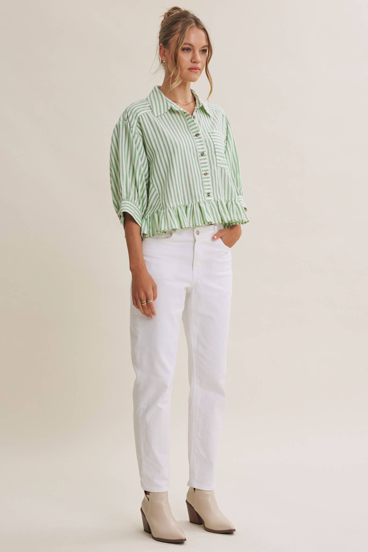 YEAR-ROUND CLASSIC COTTON STRIPE BUTTON-DOWN PEPLUM SHIRT: CLOVER GREEN / L