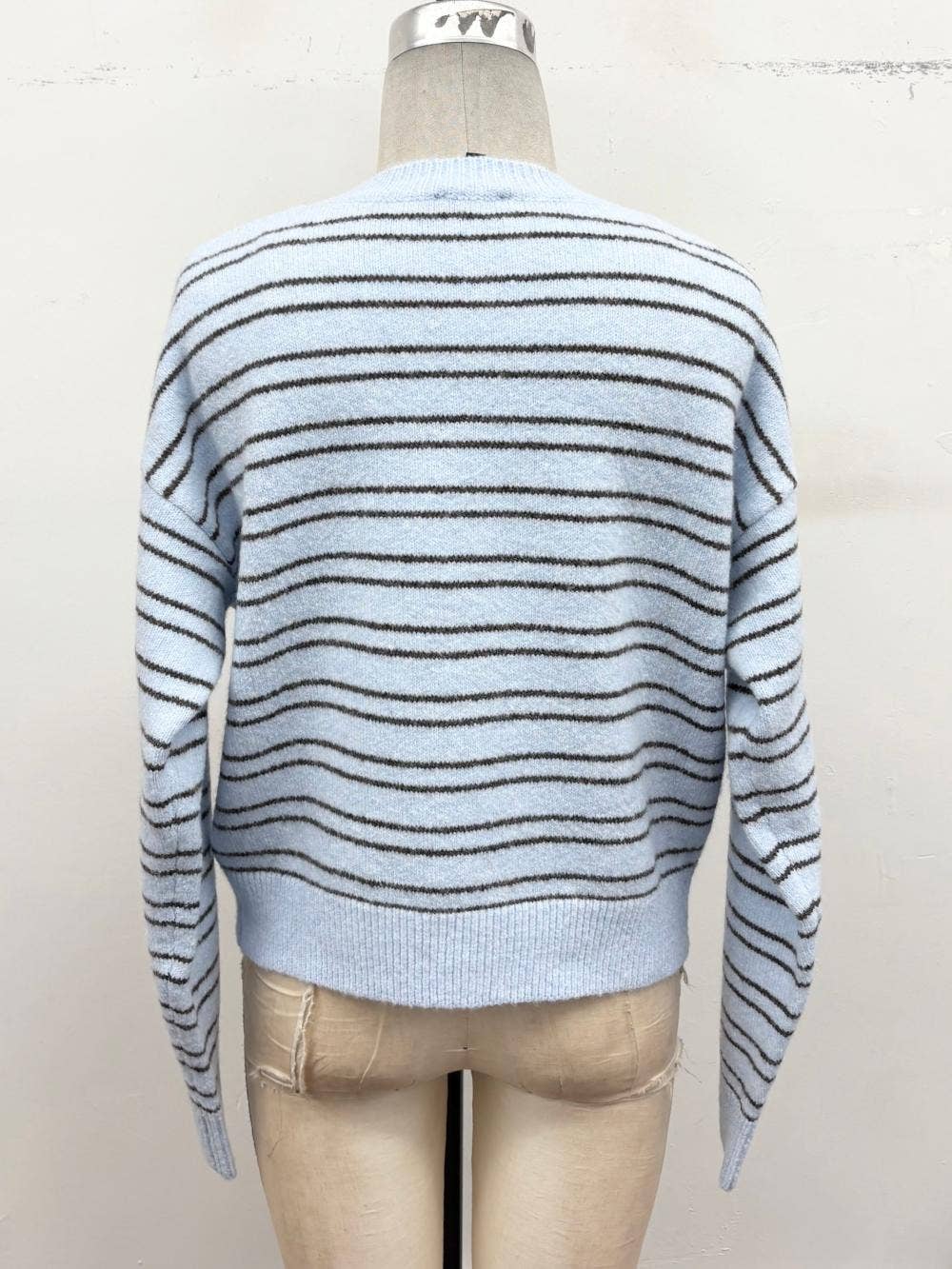 Striped Button-Front Knit Cardigan: Soft blue / M
