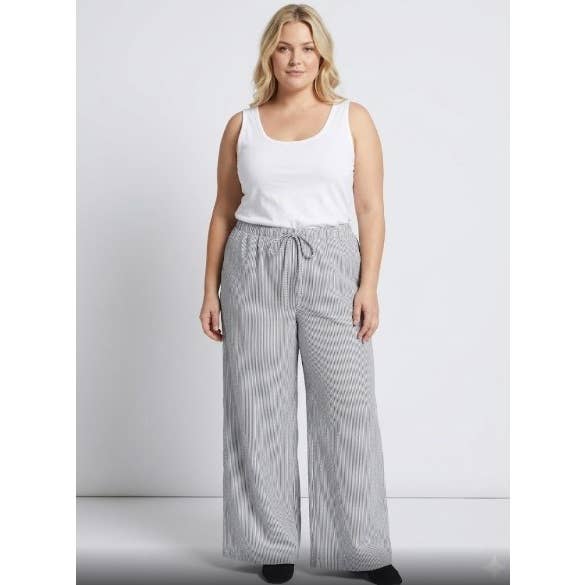 PLUS SIZE STRIPE DRAWSTRING WIDE LEG PANTS: Grey / 2X