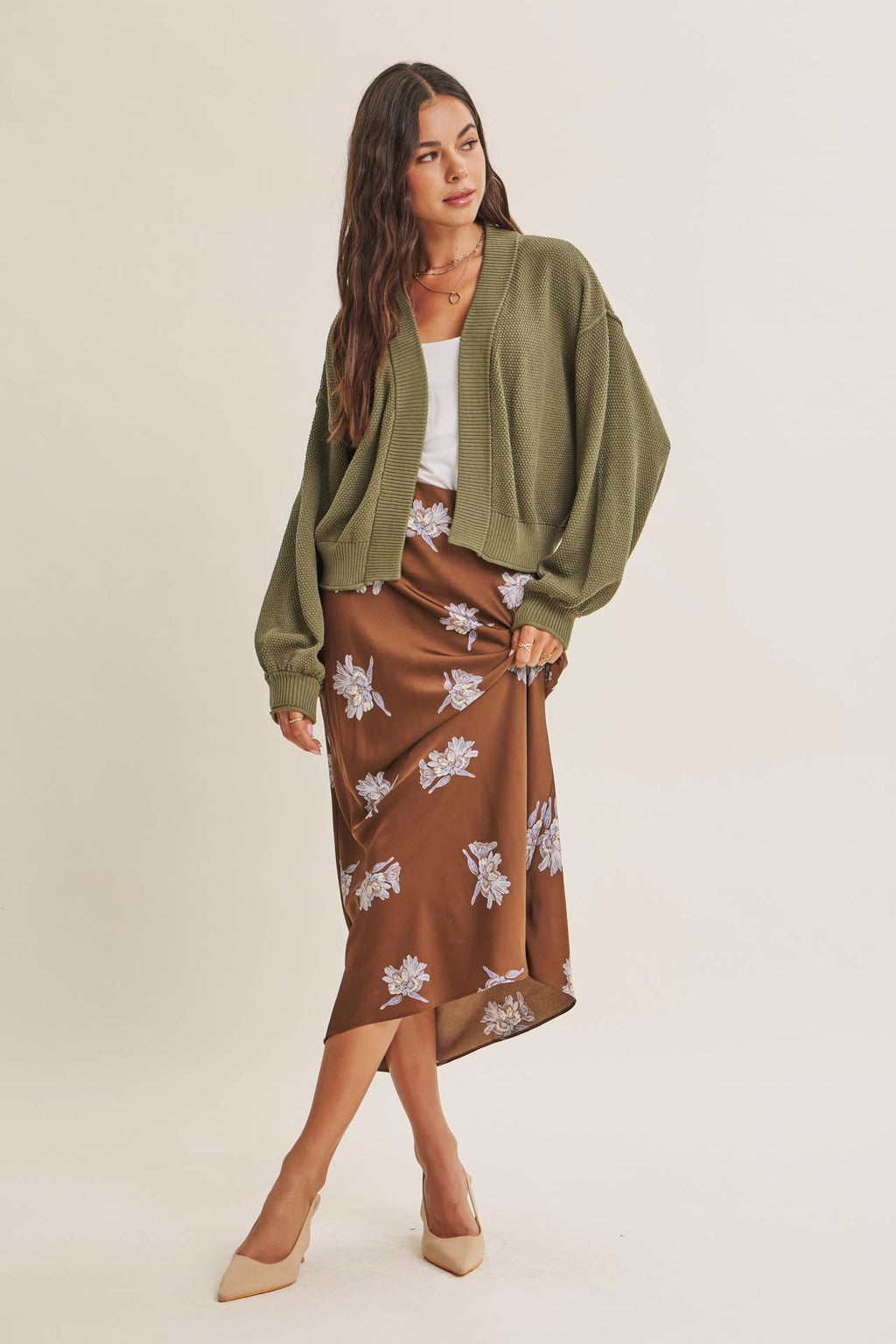 EVERYDAY ESEENTIAL EASY LAYERING BALLOON SLV WAFFLE CARDIGAN: OLIVE / L