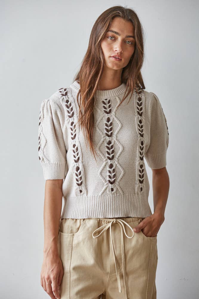 Knit Sweater Contrast Stitch Quarter Sleeve Pullover