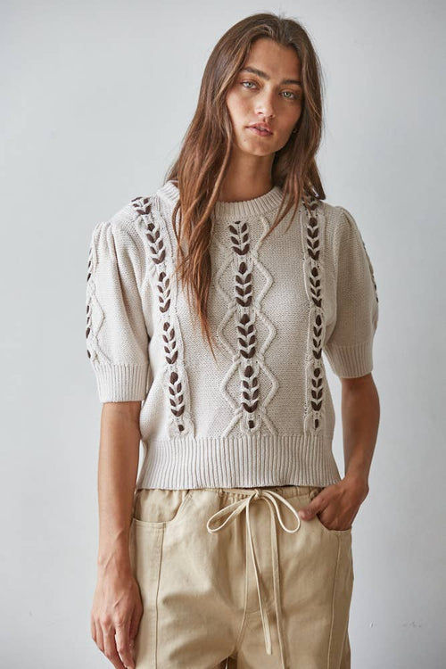 Knit Sweater Contrast Stitch Quarter Sleeve Pullover