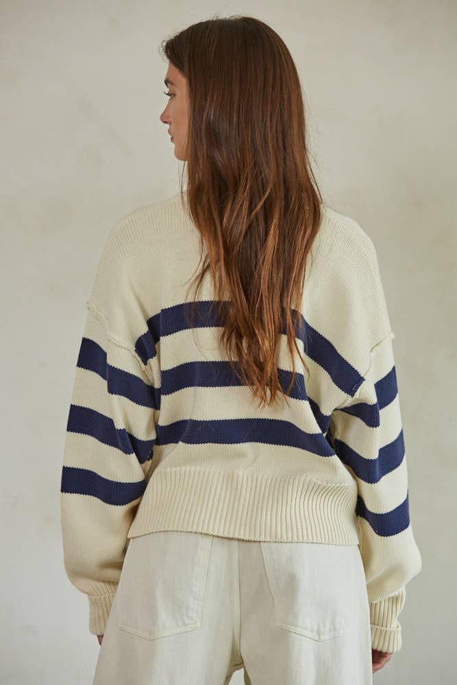 W1537 | Knit Sweater Striped Button Down Cardigan: Cream Navy / M