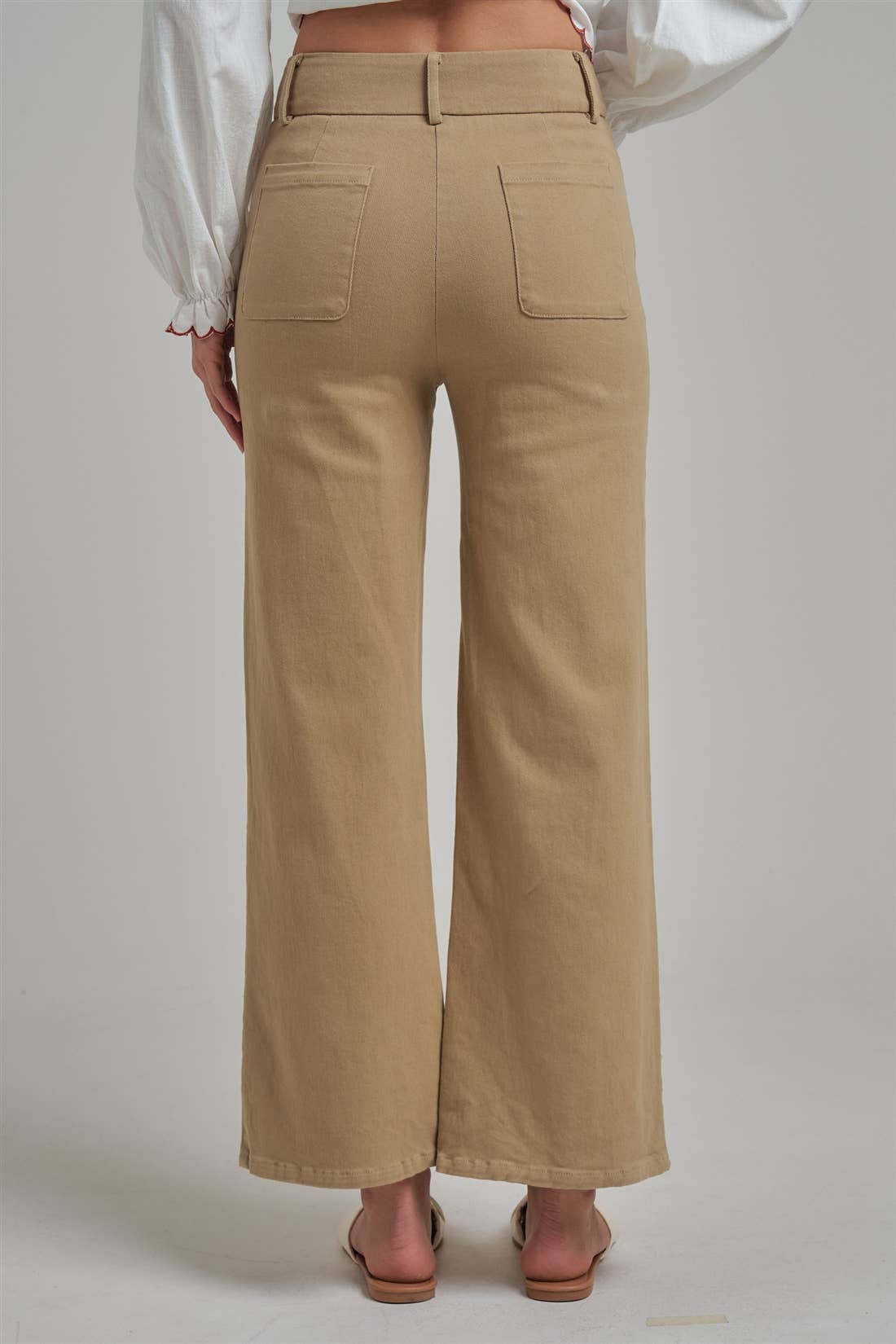 WIDE LEG STRETCH PANTS WITH BOW FRONT POCKETS