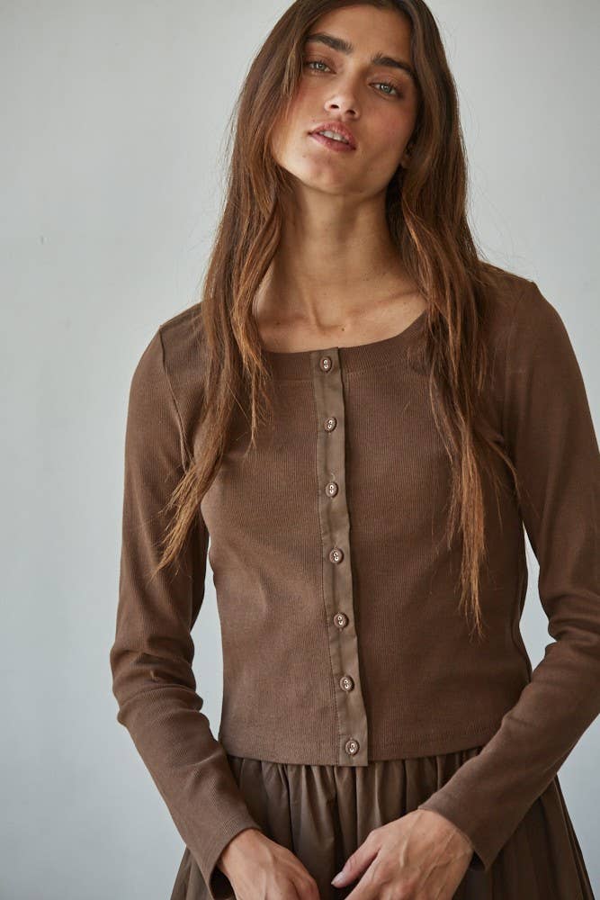 L8829T | Knit Cotton Spandex Ribbed 3/4 Sleeve Cardigan: Off White / M