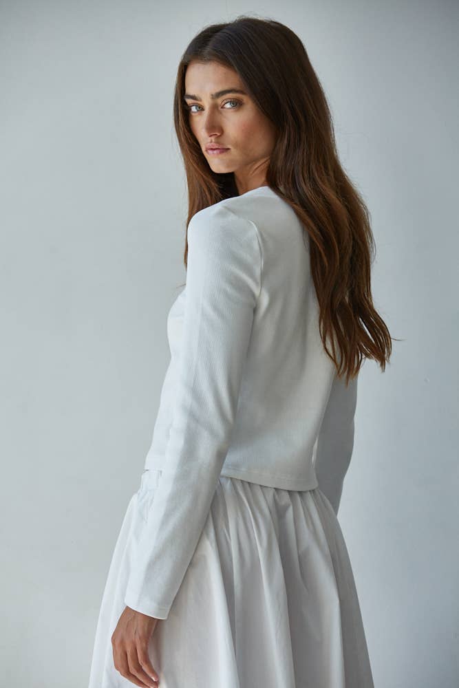 L8829T | Knit Cotton Spandex Ribbed 3/4 Sleeve Cardigan: Off White / M
