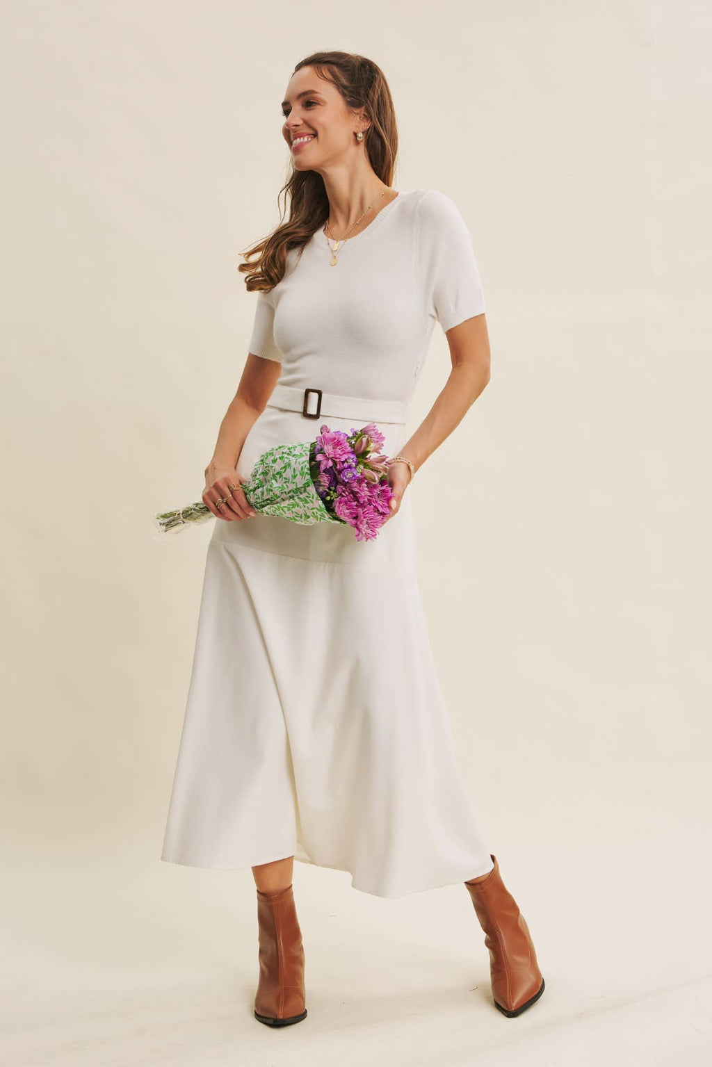PHOTOGRAPHS LIKE A DREAM BELTED SWEATER TWOFER MIDI DRESS