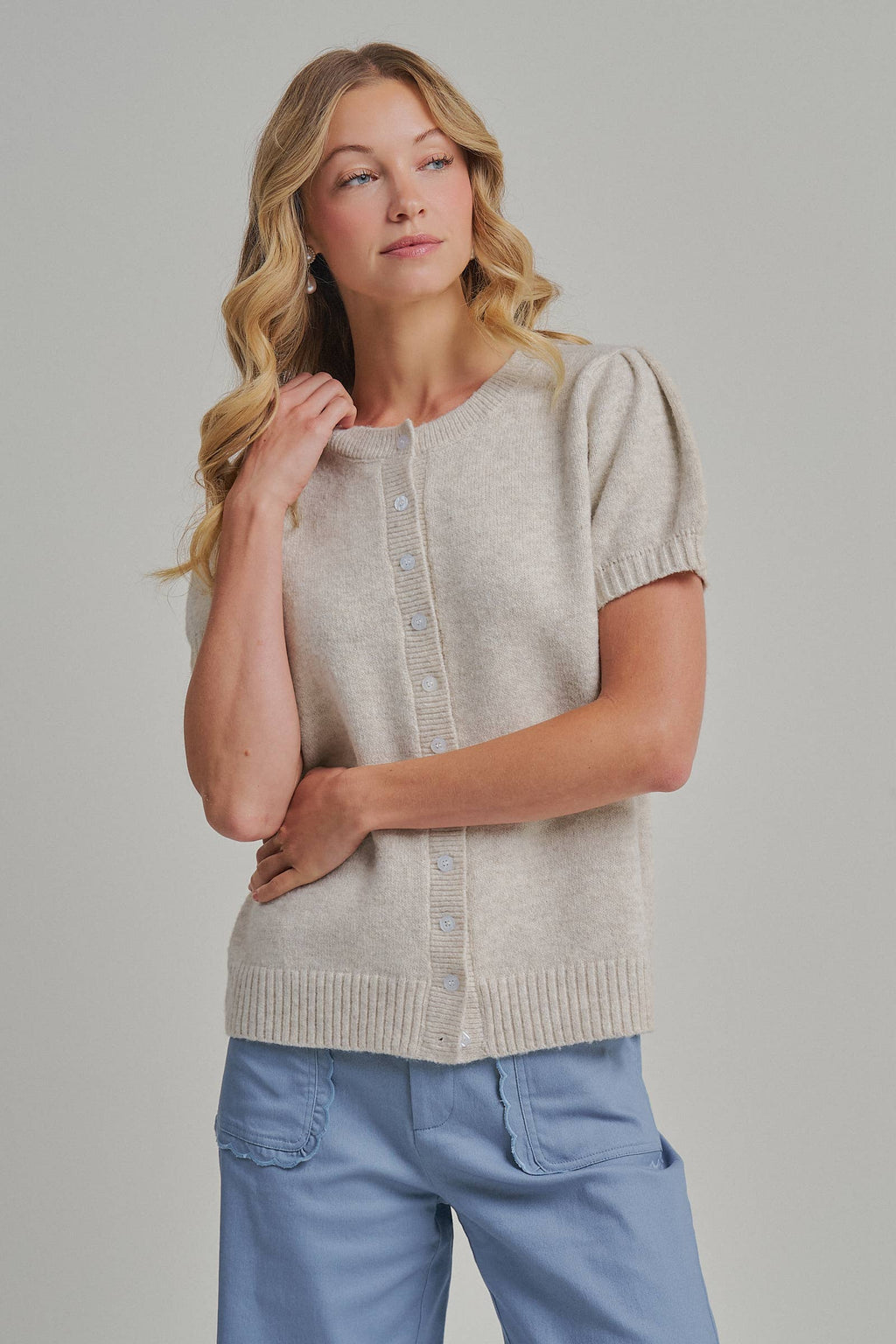SHORT SLEEVE RELAXED FIT CARDIGAN _JLT00295-01: OATMEAL / S-M-L(2-2-2)