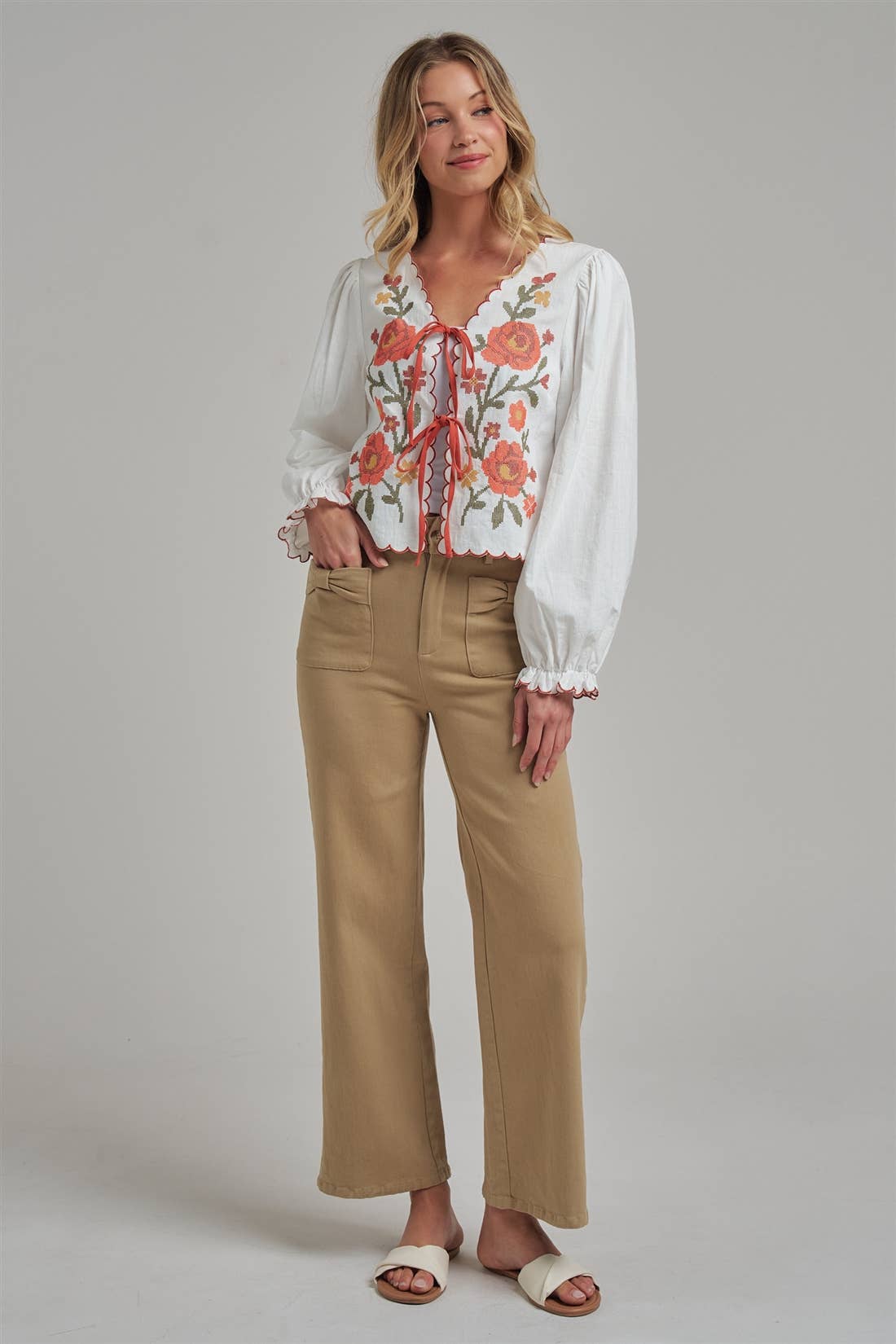 WIDE LEG STRETCH PANTS WITH BOW FRONT POCKETS