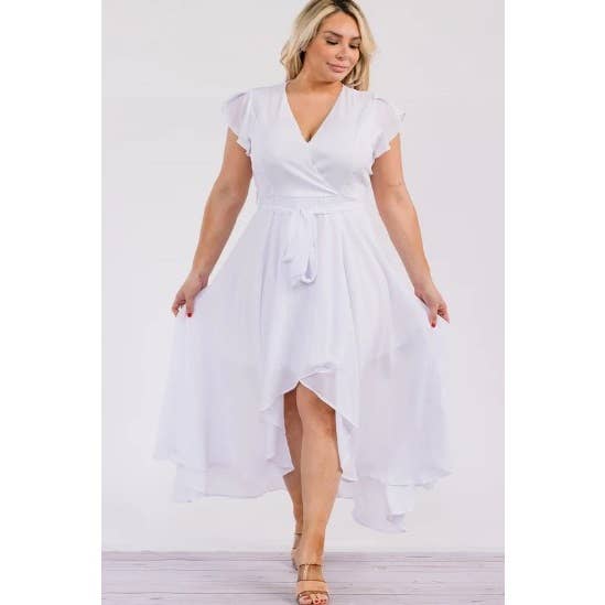 PLUS SIZE SURPLICE WRAP RUFFLE SLEEVE MIDI DRESS: Green / 3X