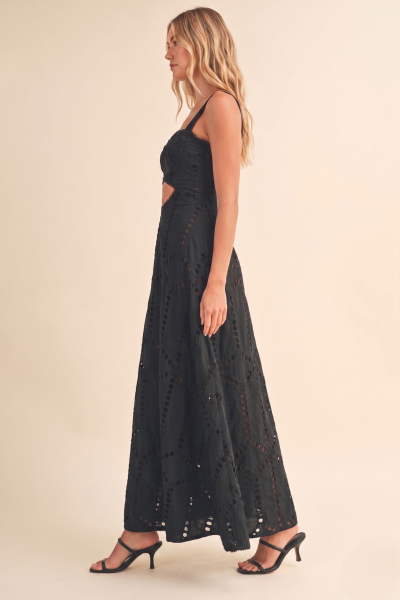 ID10399 EMBROIDERED CUTWORK BUSTIER FLARE LONG DRESS WITH MI: Black / L