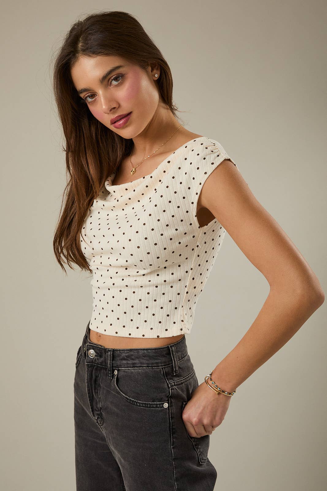 SLOUCHY SHOULDER SLEEVELESS POLKA DOT RIB TOP: INDIGO-WHITE DOT / S