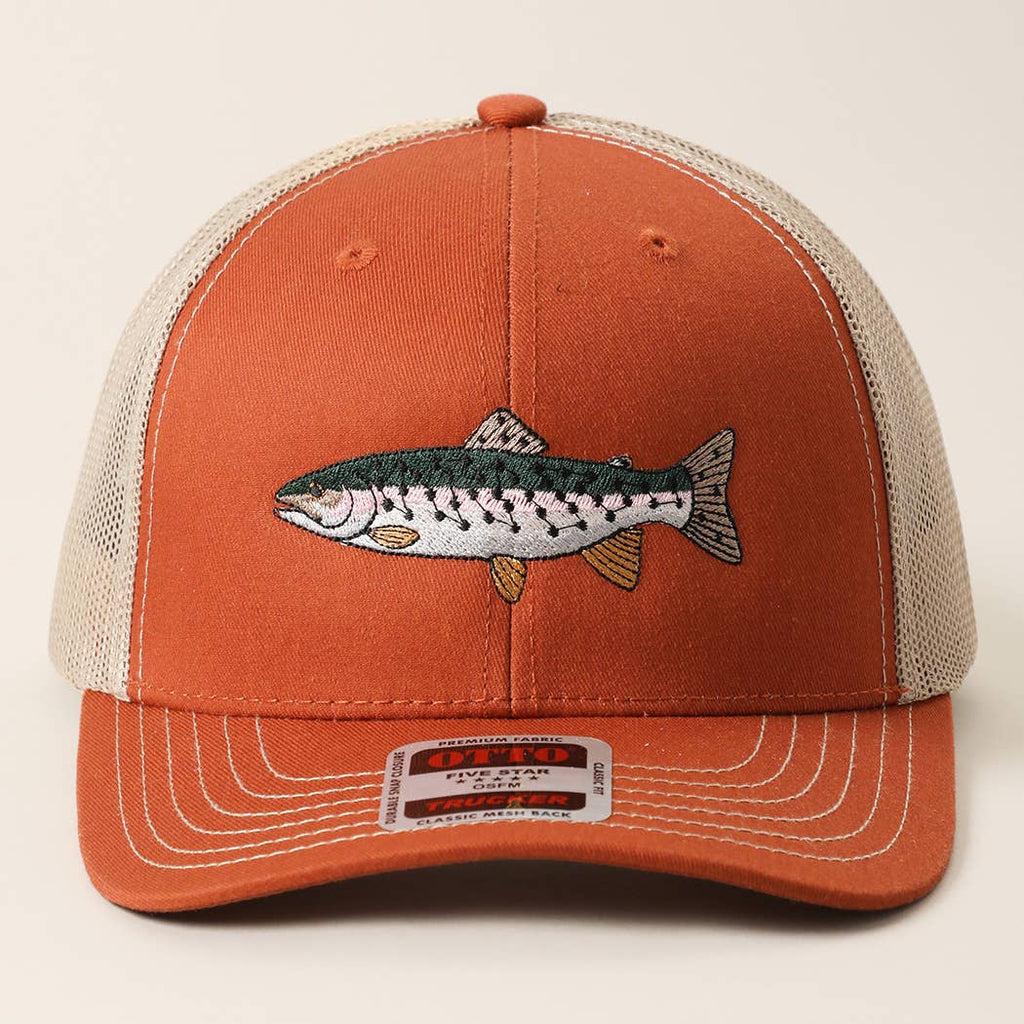 Rainbow Trout Fish Embroidered Mesh Back Trucker Hat: Coy.Brn/Coy.Brn/Lt.Khk / ONE SIZE