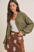 EVERYDAY ESEENTIAL EASY LAYERING BALLOON SLV WAFFLE CARDIGAN: OLIVE / S