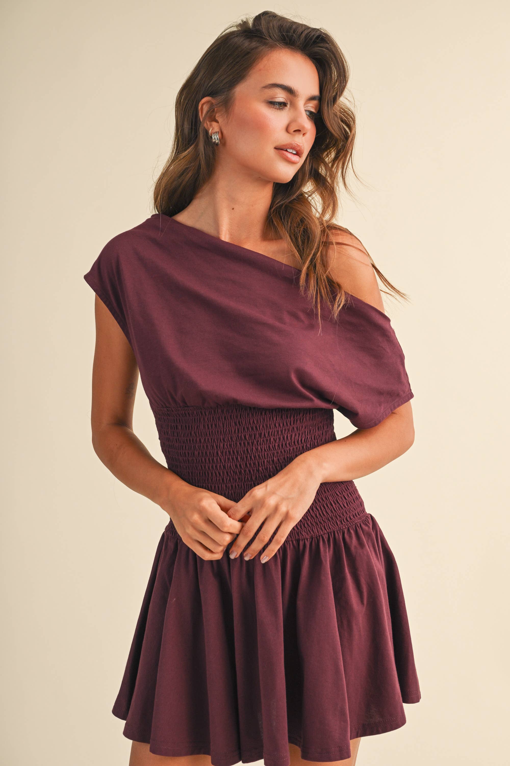 OFF SHOULDER SMOCKED WAIST MINI DRESS
