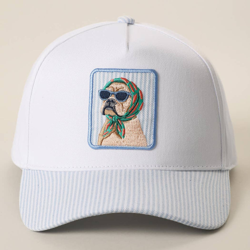Cool Dog Embroidered Patch Seersucker Brim Baseball Cap: SAGE / ONE SIZE