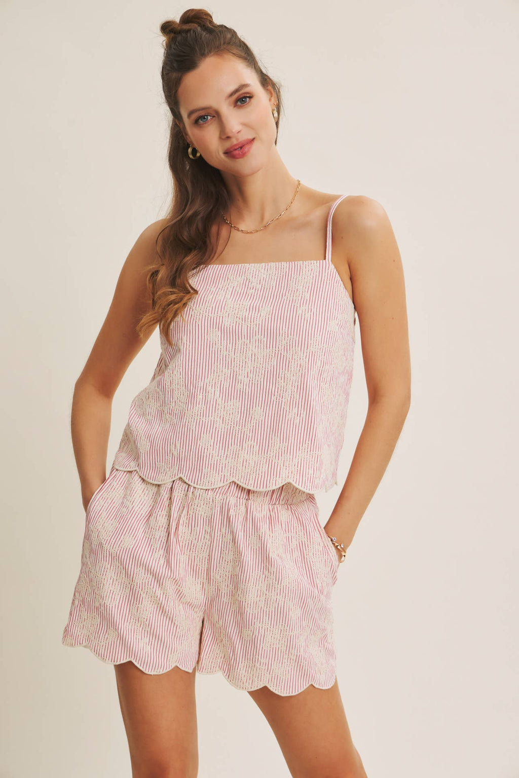 VERSATILE SUMMER STAPLE STRIPE EMBROIDERED SCALLOP TANK TOP