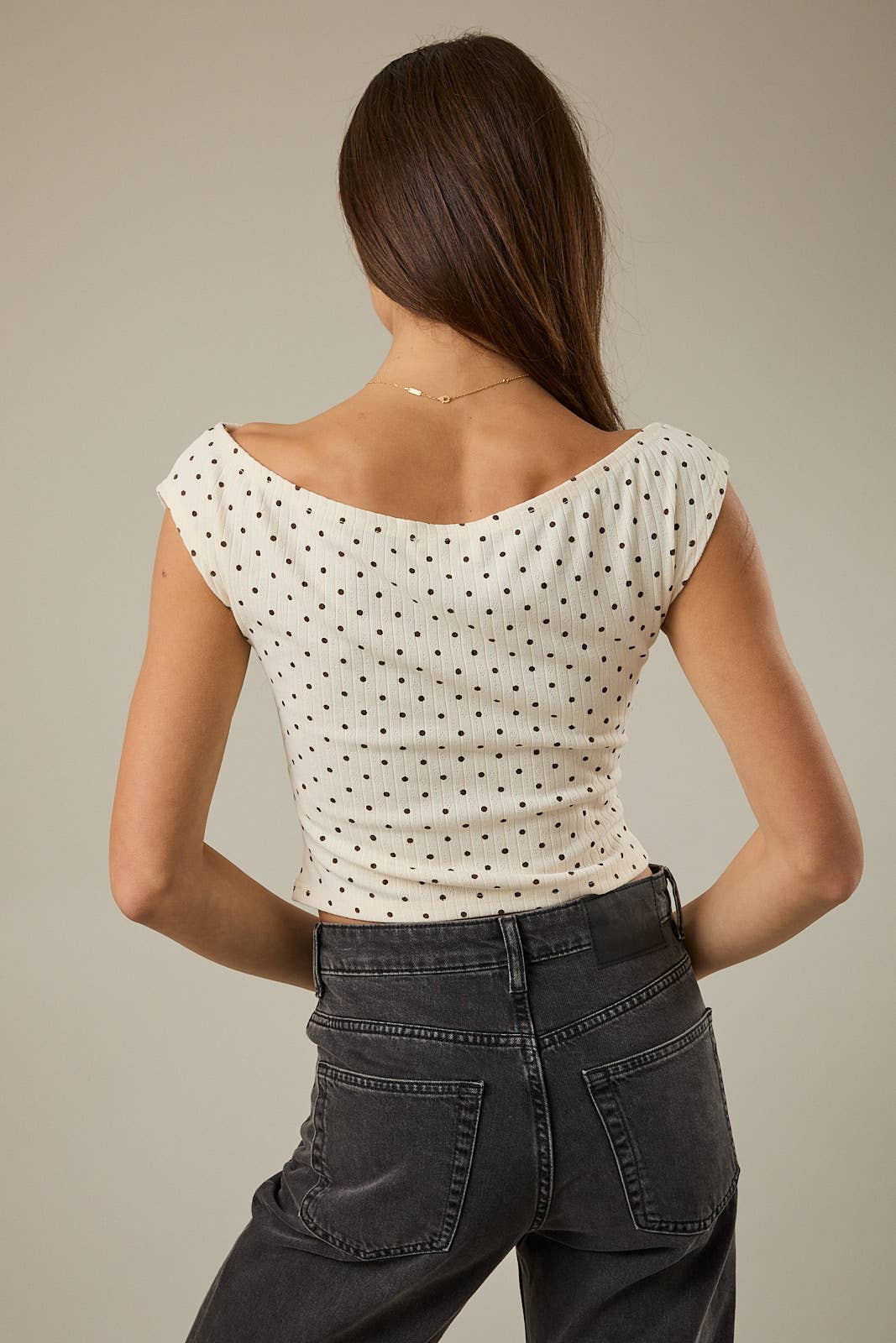 SLOUCHY SHOULDER SLEEVELESS POLKA DOT RIB TOP: INDIGO-WHITE DOT / M