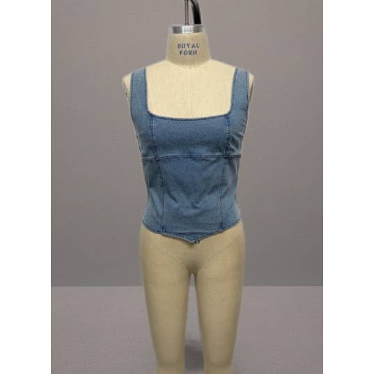 PLUS SIZE DENIM SQUARE NECK CORSET STYLE TANK TOP: Light Wash / 1X
