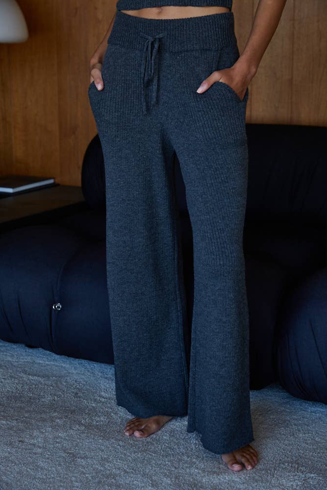 W2242B | Knit Sweater Polyester Ribbed Straight Leg Pants: Dark Olive / S