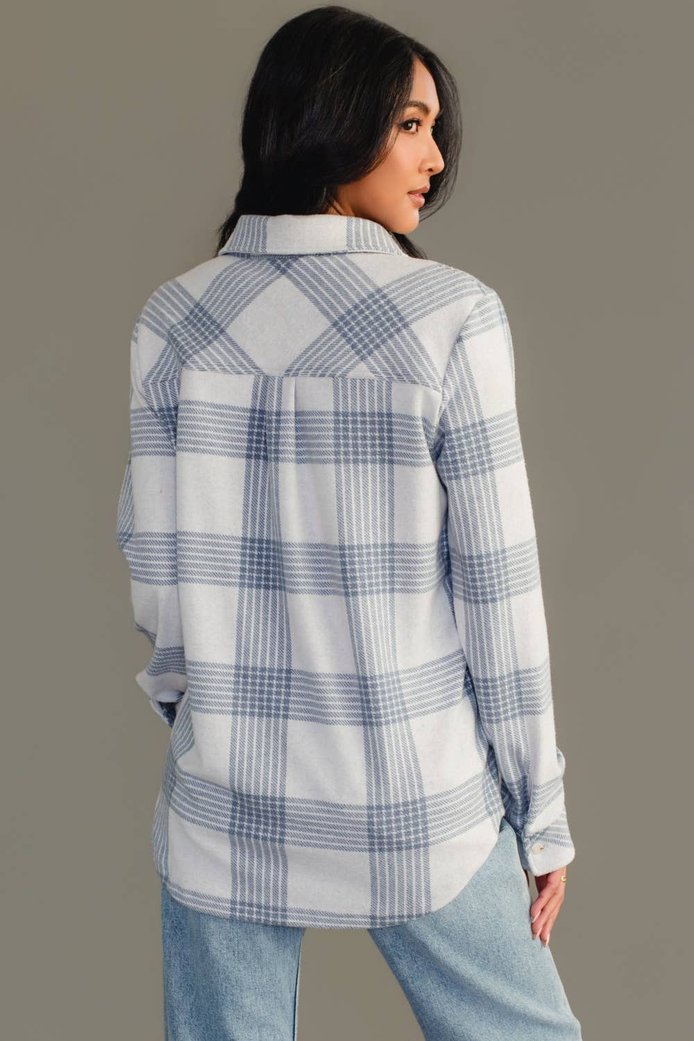 White & Dusty Blue Plaid Button Up