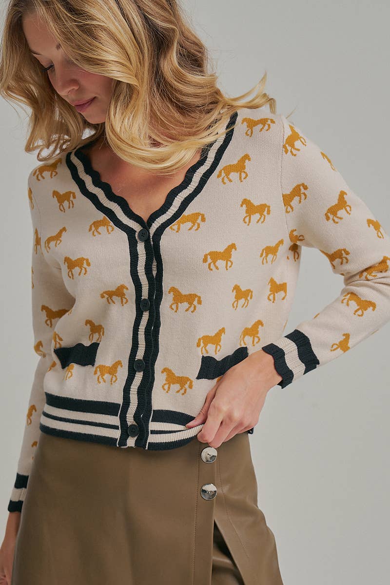 SUPER SOFT HORSE PRINT KNIT CARDIGAN_JLT00386-01: OATMEAL COMBO / S-M-L(2-2-2)