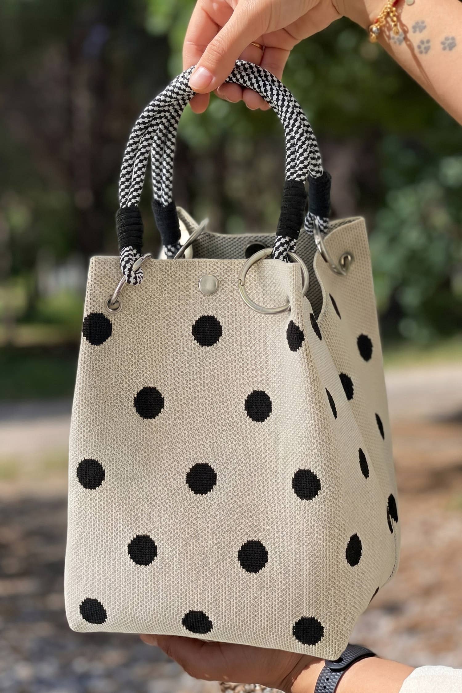 Polka Dot Canvas Tote Bag with Wrapped Handles