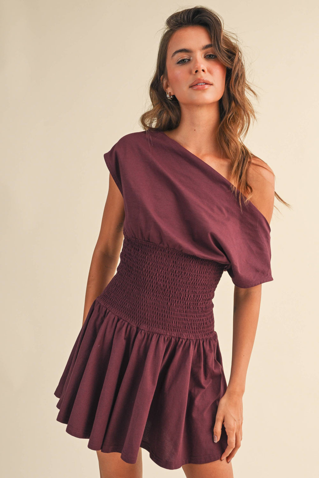 OFF SHOULDER SMOCKED WAIST MINI DRESS