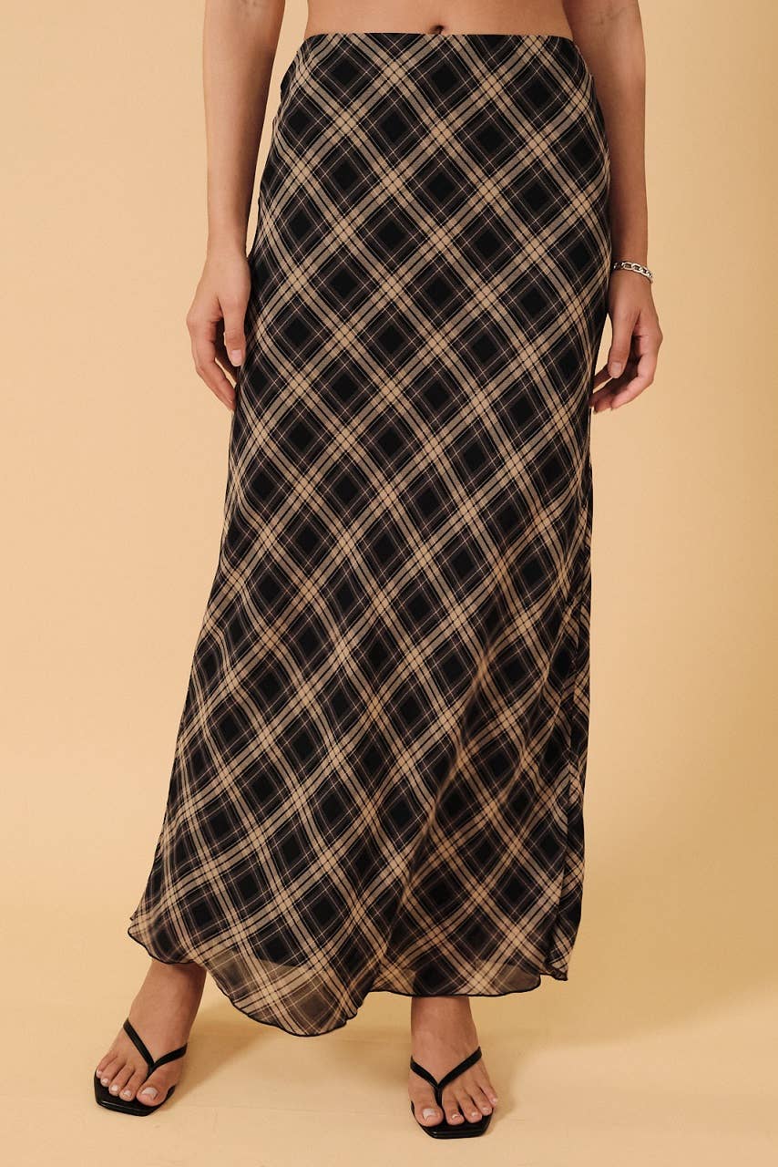 HIGH WAIST PLAID CHIFFON MIDI SKIRT: NAVY-CREAM PLAID / M