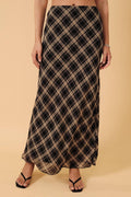 HIGH WAIST PLAID CHIFFON MIDI SKIRT: NAVY-CREAM PLAID / L