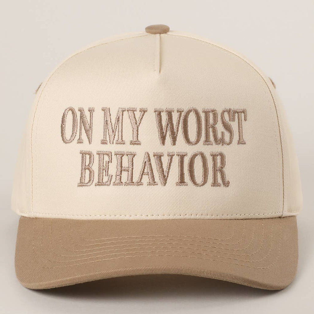 ON MY WORST BEHAVIOR Embroidered Trucker Hat: DENIM / One Size