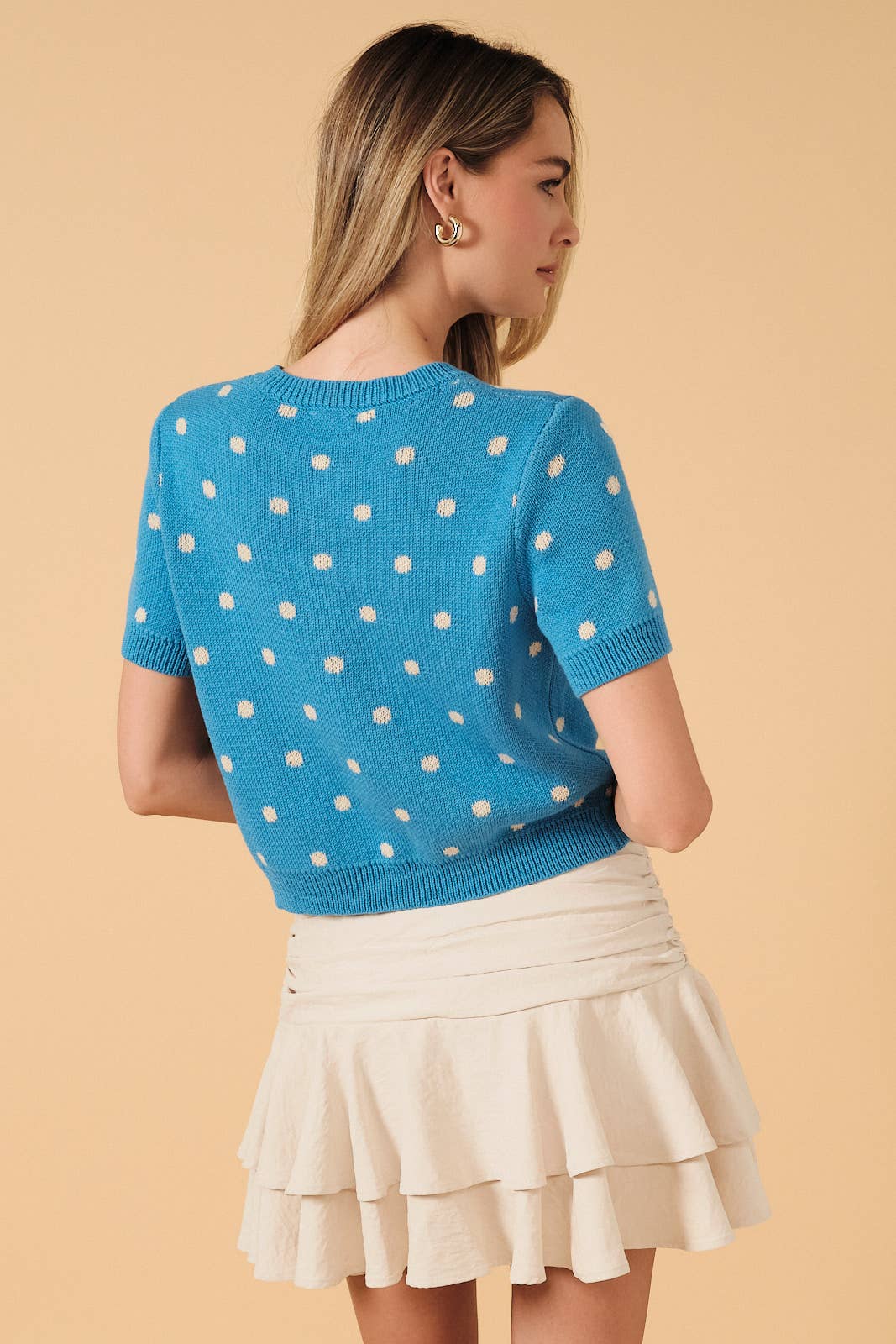 ROUND NECK BUTTON DOWN POLKA DOT SWEATER CARDIGAN: BROWN-CREAM DOT / L