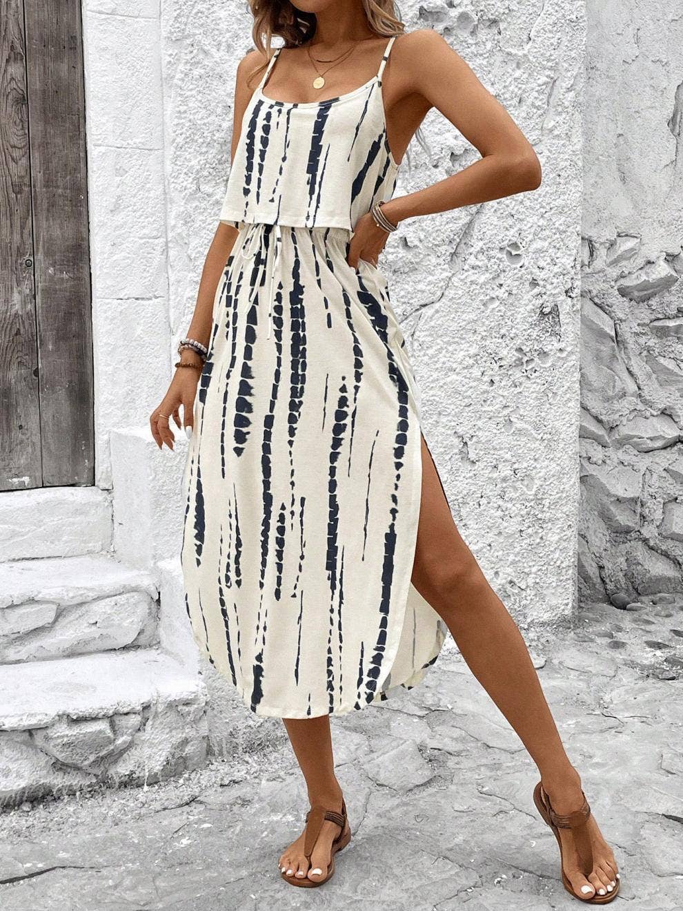 Printed Spaghetti Strap Layered Bodice Midi Dress