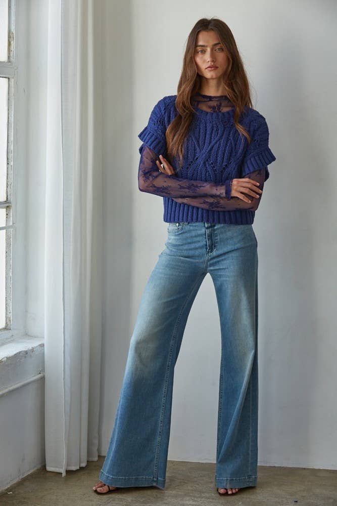 W1124 | Knit Sweater Crochet Round Neck Short Sleeve Top: Taupe / Large