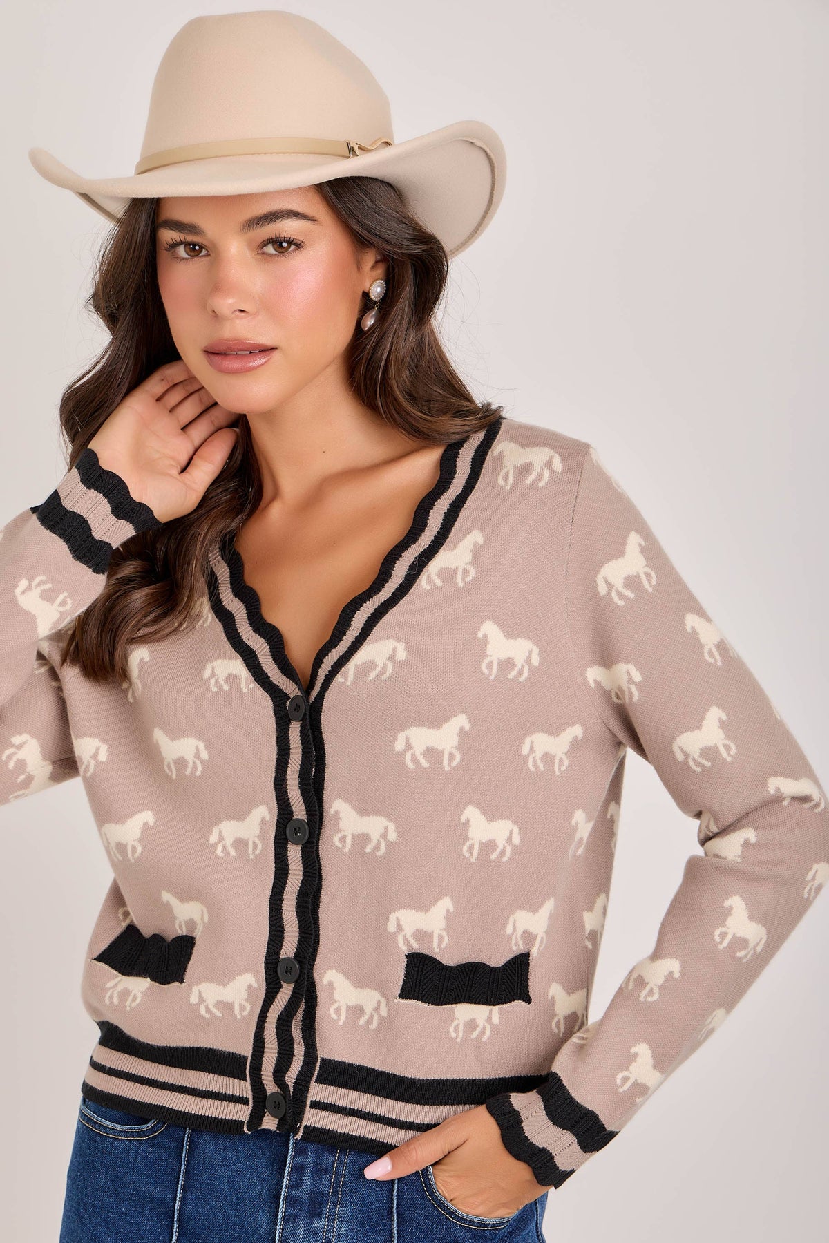 SUPER SOFT HORSE PRINT KNIT CARDIGAN_JLT00386-01: OATMEAL COMBO / S-M-L(2-2-2)