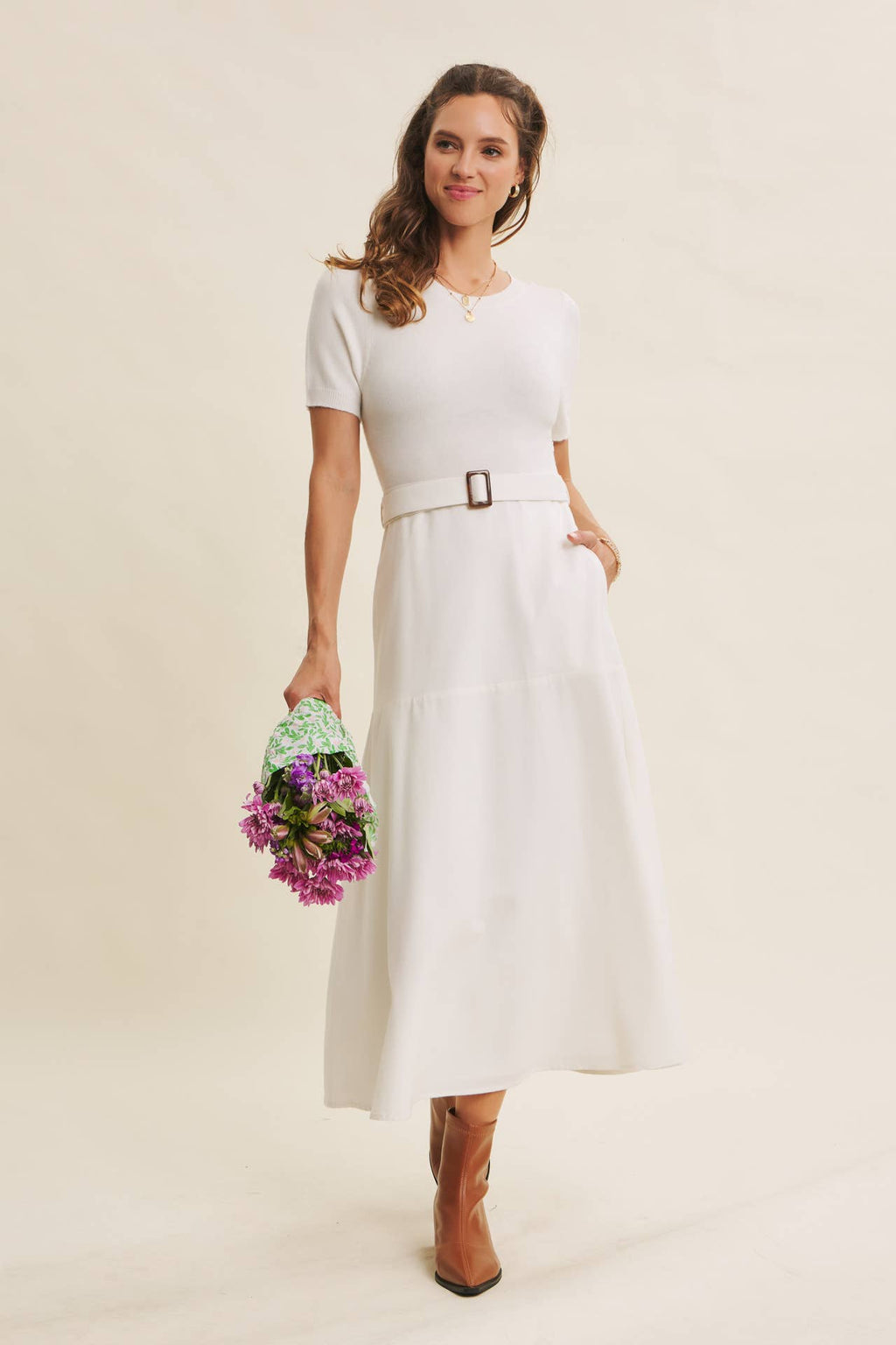 PHOTOGRAPHS LIKE A DREAM BELTED SWEATER TWOFER MIDI DRESS