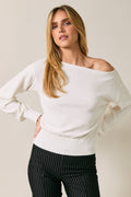 SLOUCHY BOAT NECK LONG SLEEVE LIGHT WEIGHT SWEATER TOP: White / S