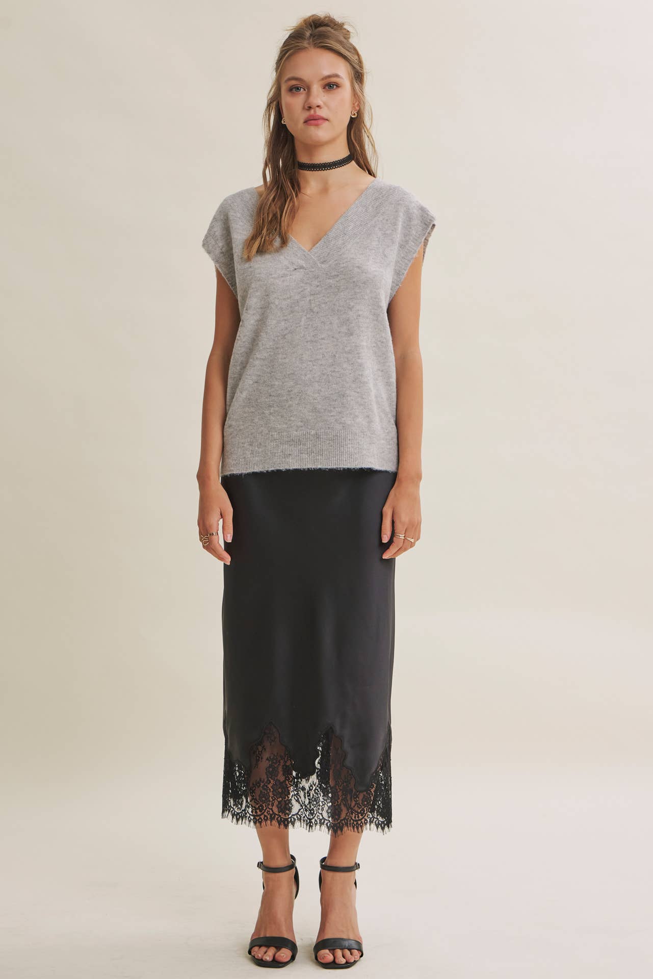 UNEXPECTED ELEGANT FRENCH LACE SATIN MIDI SKIRT: BLACK / L