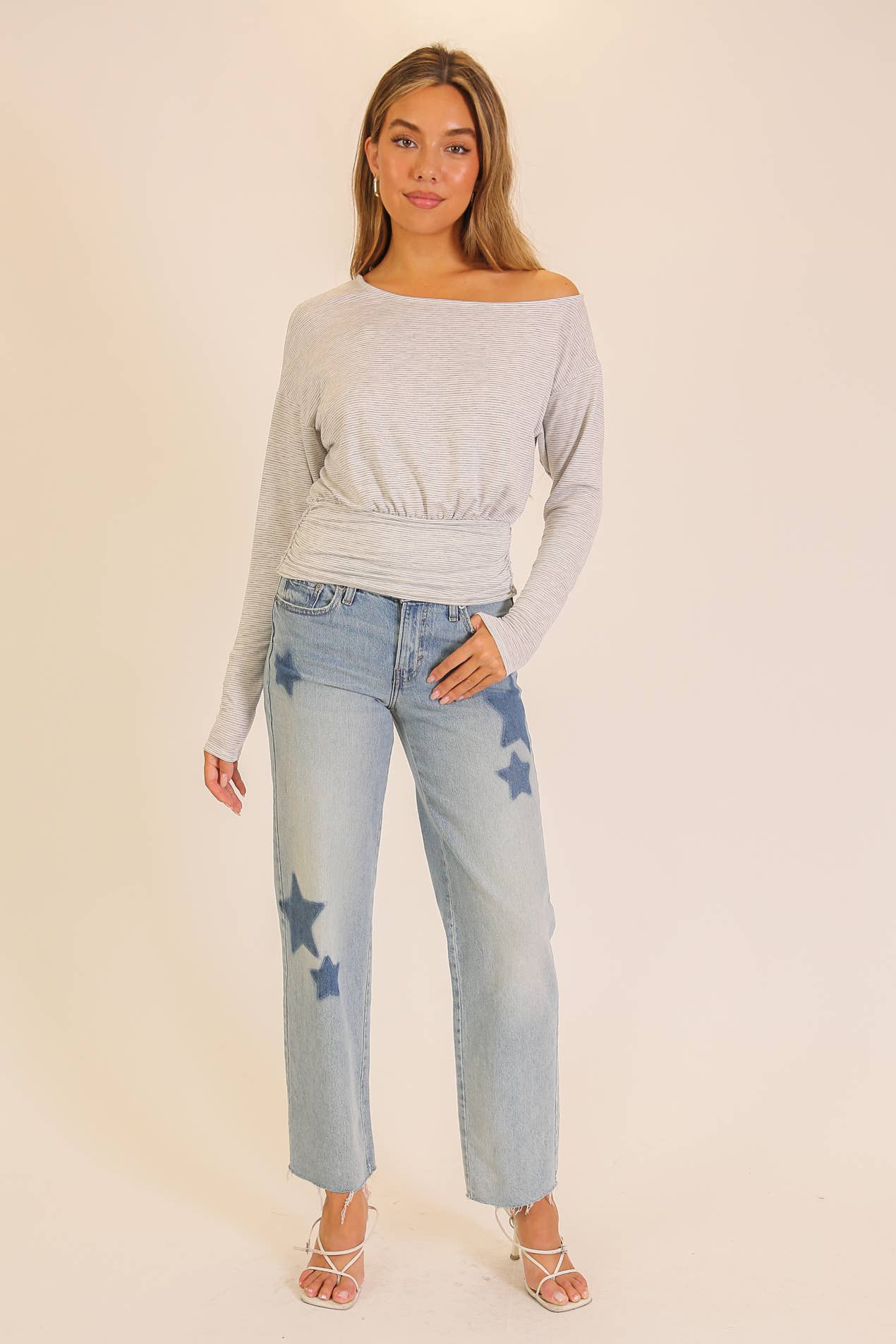 Striped One-Shoulder Ruched Waist Top
