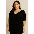 PLUS SIZE V NECK PLEATED SLEEVE DETAIL BLOUSE: Black / 1X
