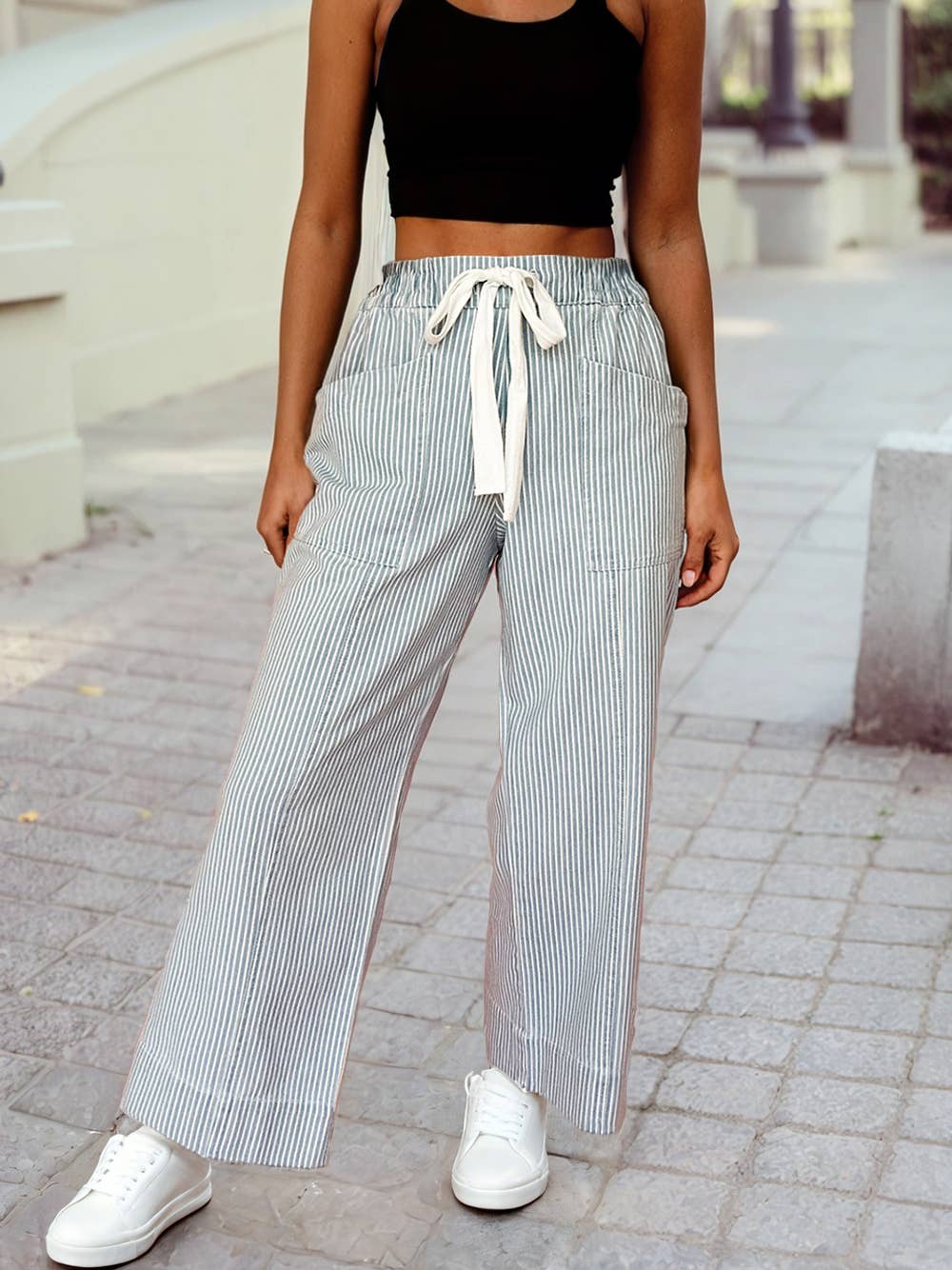 Stripe Mid Rise Drawstring Waist Pants: Sky Blue / 6