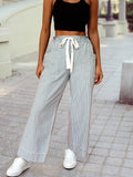 Stripe Mid Rise Drawstring Waist Pants: Sky Blue / 10