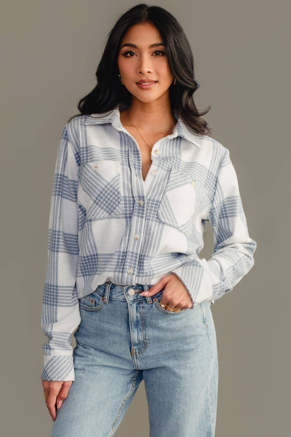 White & Dusty Blue Plaid Button Up