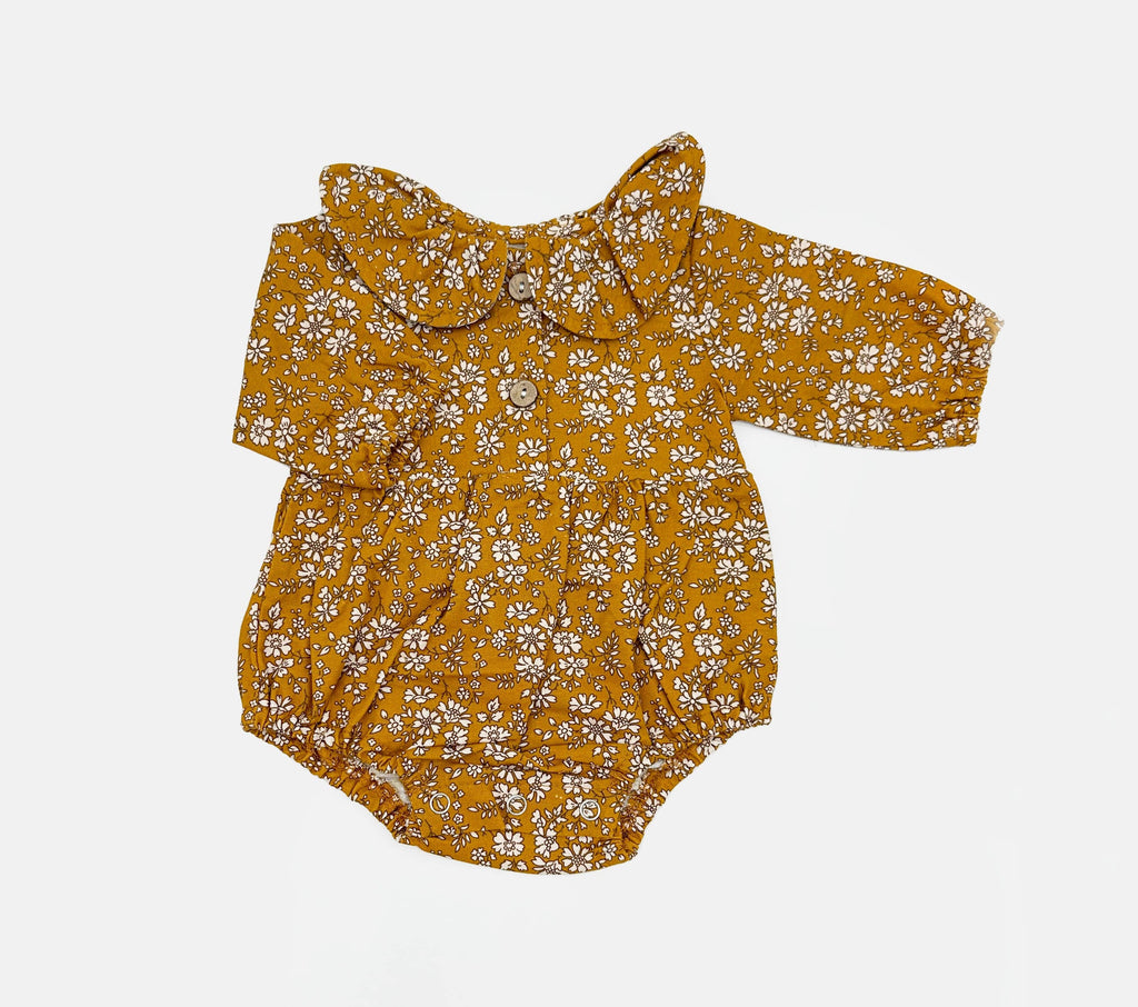 Mustard Floral Romper Set: B. 3pc Cream / 6-9 months