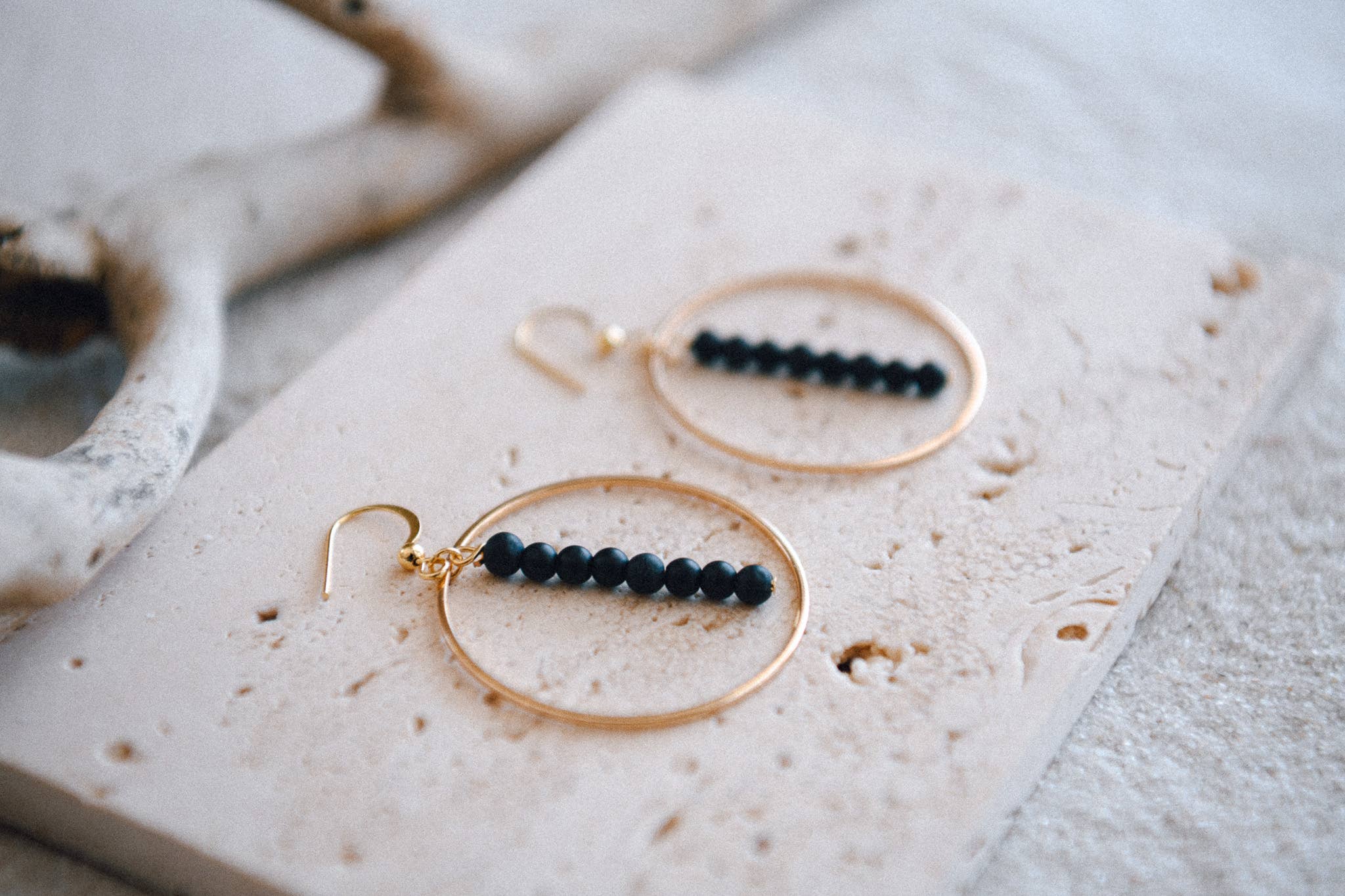 Gemstone and Gold Plated Drop Hoop Earring : Black